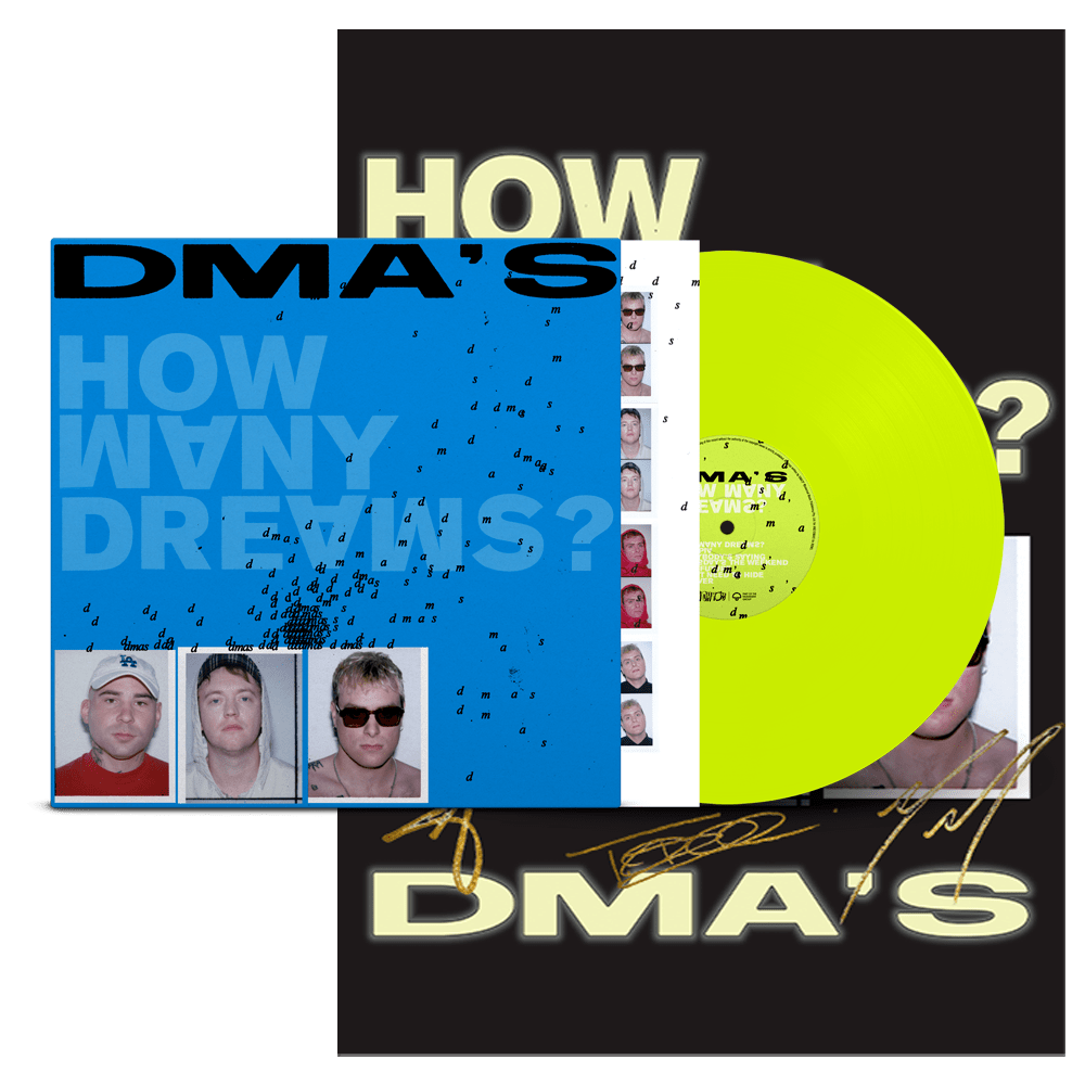 DMA'S - How Many Dreams Exclusive Neon Yellow LP in Alternate Blue Gatefold Signed Glow In The Dark A2 Poster