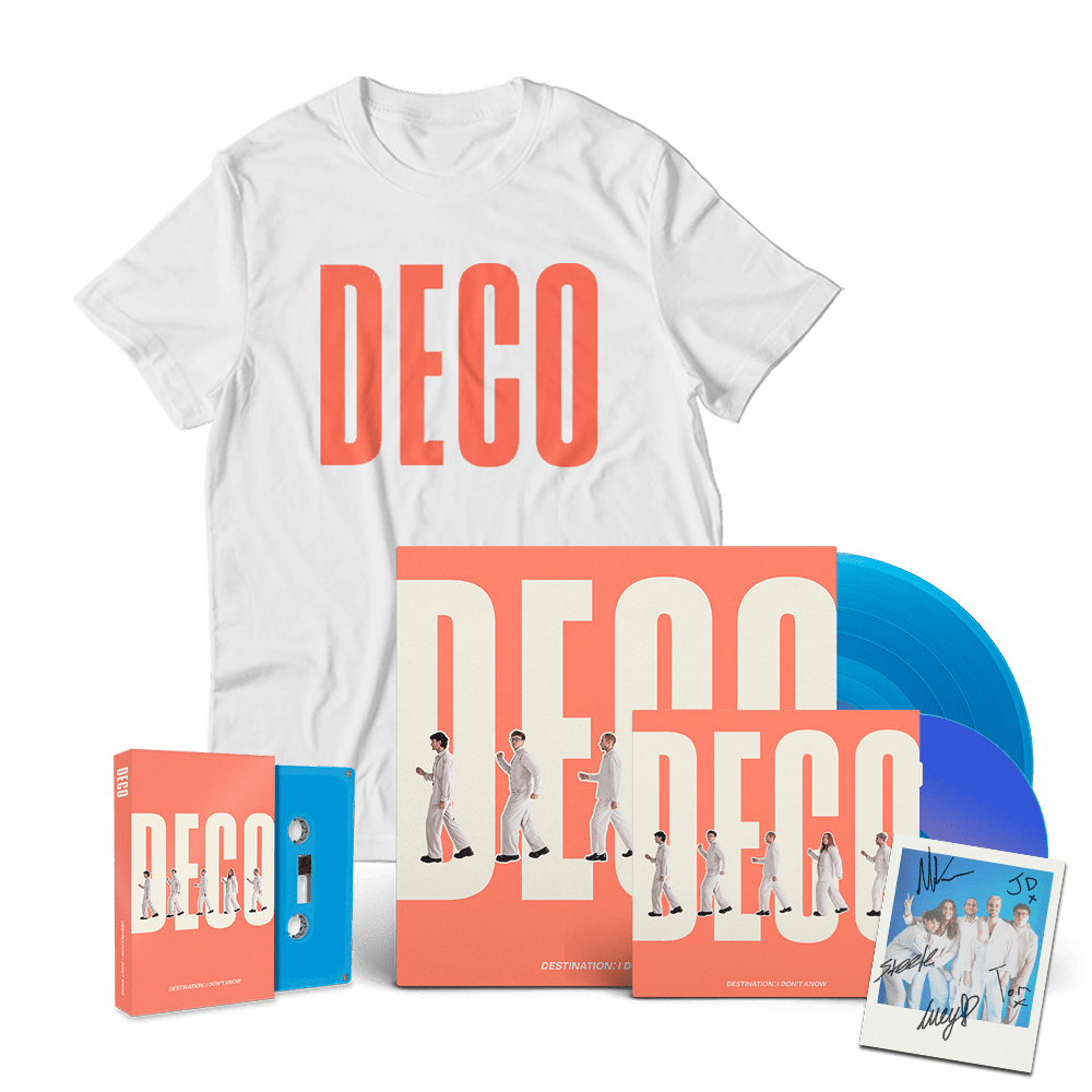 Deco - Destination: I Don't Know Transparent Blue Vinyl CD Blue Cassette T-Shirt